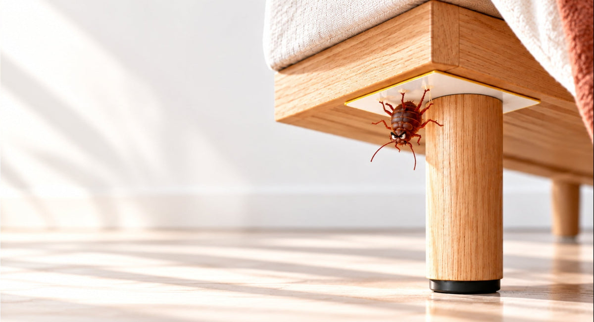 A close-up of a wooden bed frame leg with a small spider positioned under the raised floorboard, set in a brightly lit room with a light wood floor and white wall.